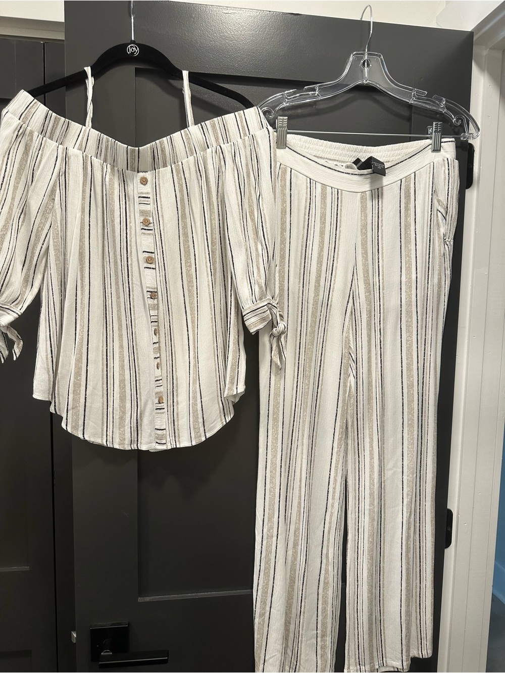 BCX Cream Striped Off-Shoulder Top & Wide-Leg Pants Set